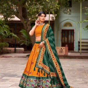 Green Tussar Silk Lehenga Choli with Yellow Blouse | Patola Print & Foil Work | Wedding & Festive Wear
