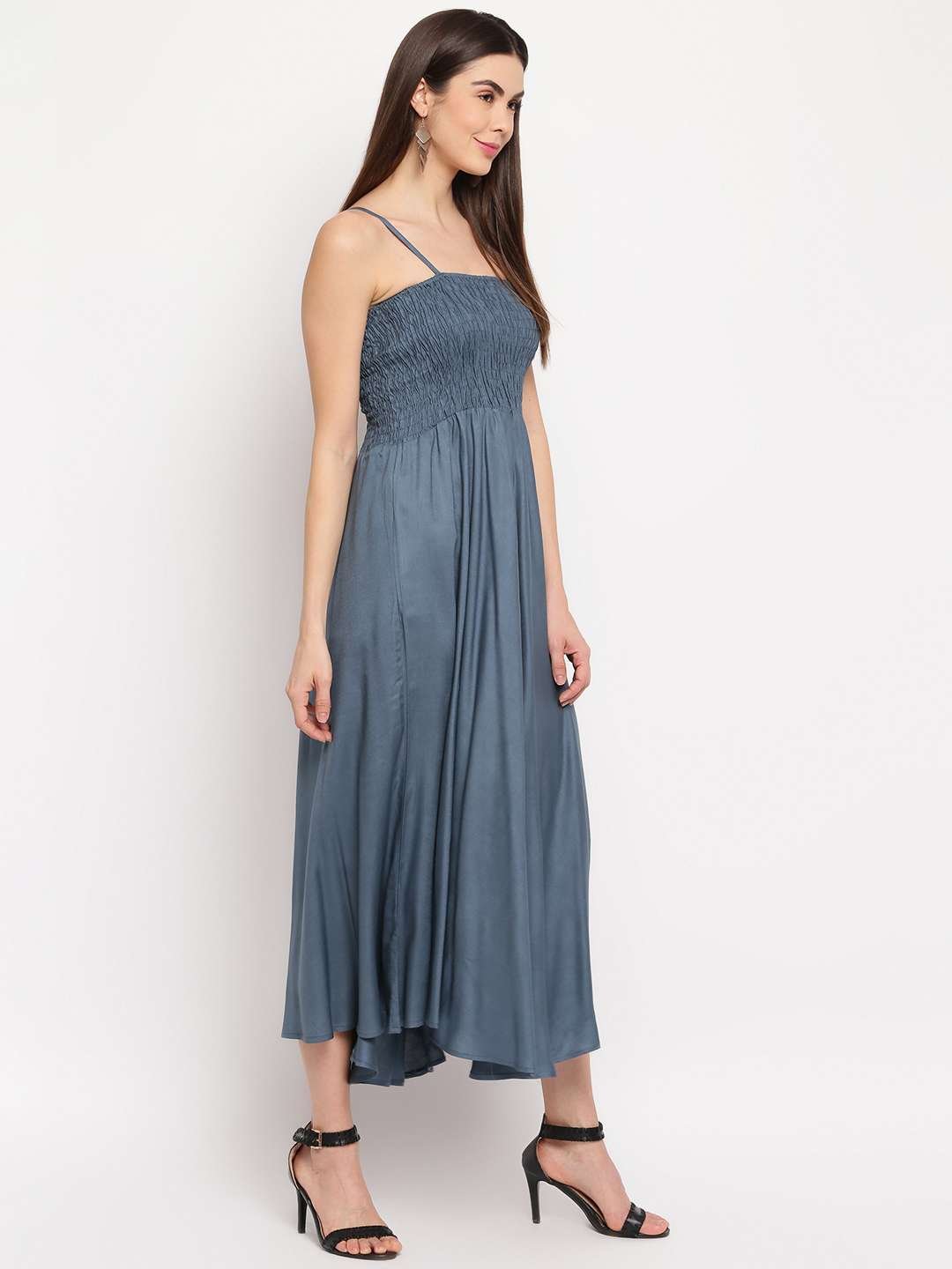 Women's Viscose Rayon Solid Shoulder Straps Sleeveless Flared Gown Drees (Grey)