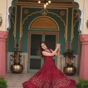 Maroon Designer Heavy Reyon Gown with Printed Frill & Fancy V-Neck