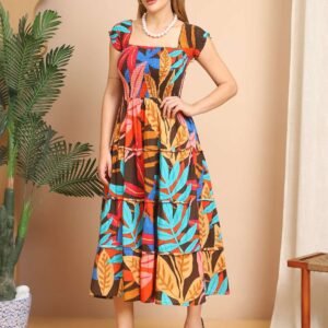 Women's Viscos Rayon Printed Off Shoulder Midi Dress For Summer And Casual Wear (Multti Color1)
