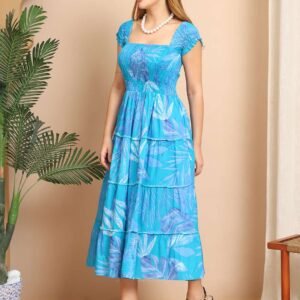 Women's Viscos Rayon Printed Off Shoulder Midi Dress For Summer And Casual Wear (Blue Leaf)